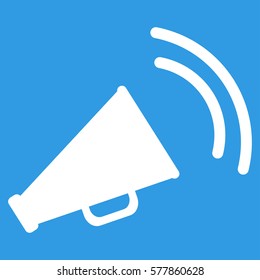 Announce Horn vector icon. Flat white symbol. Pictogram is isolated on a blue background. Designed for web and software interfaces.