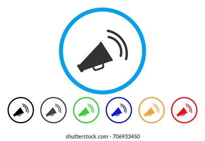 Announce Horn vector rounded icon. Image style is a flat gray icon symbol inside a blue circle. Bonus color versions are gray, black, blue, green, red, orange.