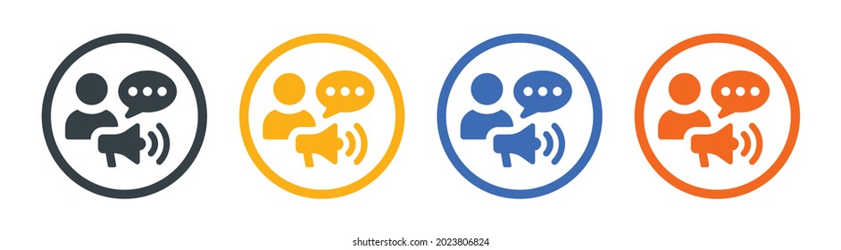 Icono de anuncio. Persona con burbuja de voz e icono de megáfono.