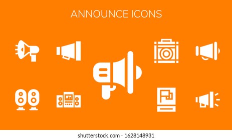 announce icon set. 9 filled announce icons.  Simple modern icons such as: Megaphone, Loudspeaker, Propaganda, Amplifier