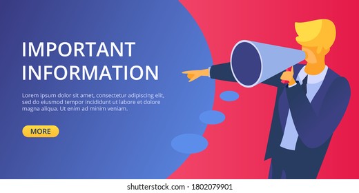 Announce important information megaphone vector illustration. Man hold in hand symbol voice alert and notice. Business marketing advertisement concept. Announcement message landing banner design.