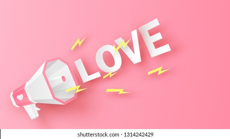 Announce of love with a megaphone in Valentine's day. Valentine's greeting card design. paper cut and craft style. vector, illustration.