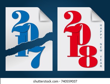 Announce the new year 2018 with the pictogram document.
The numbers from last year are on a torn document pictogram. While numbers of the New Year are on whole document pictogram. English text.