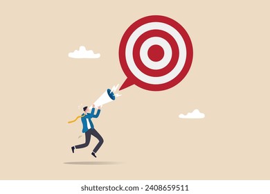 Announce new year goal, resolution or business objective, target or purpose, motivation to success or challenge, business agenda concept, businessman announce new goal or target with megaphone.