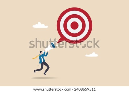 Announce new year goal, resolution or business objective, target or purpose, motivation to success or challenge, business agenda concept, businessman announce new goal or target with megaphone.