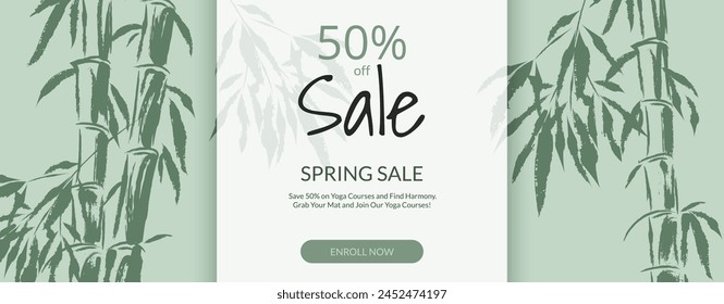 Announce a Yoga Sale with a green Ink Bamboo Leaf Illustration. Asian inspired elegance, ideal for showcasing spa and wellness items. Don't miss our Spring Sale. Not AI.