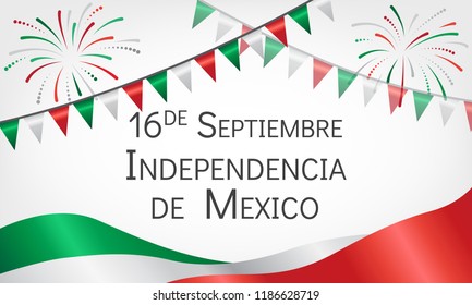 Announcement about day of independence of Mexico with flags. Greeting card with holiday, fireworks and festive flags. Vector illustration.