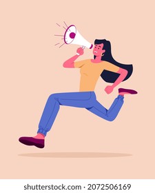 Announcement or advertisement. Woman with megaphone in her hands runs down street and attracts new customers and users. Employee of PR agency increases company sales. Cartoon flat vector illustration