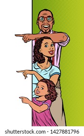 announcement advertising. African American family husband, wife and daughter pointing to copy space. Pop art retro vector Illustrator vintage kitsch drawing