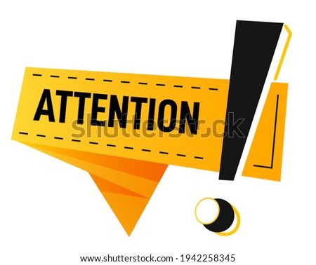 Announcement of attention and caution, warning and watching out. Isolated banner with exclamation mark, advise or notification. Info on ribbon, important problem information. Vector in flat style