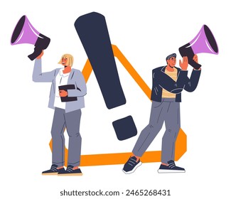 Anuncio y Anuncio del mensaje de atención. Anuncio importante del negocio, atención a los Actualizar o concepto de noticias con la gente anuncia en megáfono y signo de exclamación, Ilustración vectorial aislada.