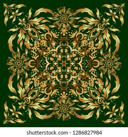 Announcement card in a simple design. Classical invite sample seamless pattern with lace damask pattern. Laconic wedding card decorated with vector golden ornament on a green background.