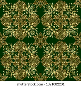 Announcement card in a simple design. Classical invite sample seamless pattern with lace damask pattern. Laconic wedding card decorated with vector golden ornament on a green background.