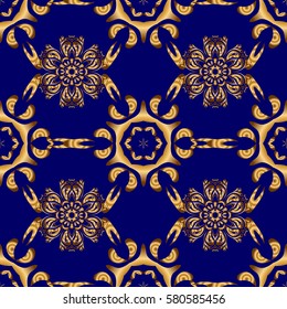 Announcement card in a simple design. Classical invite sample seamless pattern with lace damask pattern. Laconic wedding card decorated with vector golden ornament on a blue background.