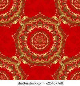 Announcement card in a simple design. Classical invite sample seamless pattern with lace damask pattern. Laconic wedding card decorated with vector golden ornament on a red background.