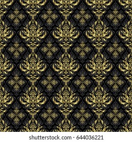 Announcement card in a simple design. Classical invite sample seamless pattern with lace damask pattern. Laconic wedding card decorated with vector golden ornament on a black background.