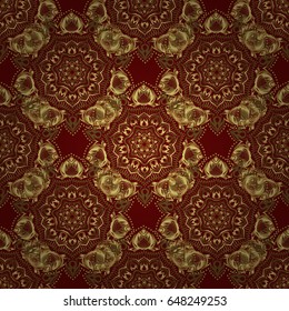 Announcement card in a simple design. Classical invite sample seamless pattern with lace damask pattern. Laconic wedding card decorated with vector golden ornament on a red background.