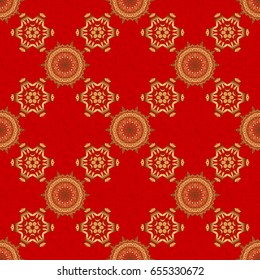 Announcement card in a simple design. Classical invite sample seamless pattern with lace damask pattern. Laconic wedding card decorated with vector golden ornament on a red background.