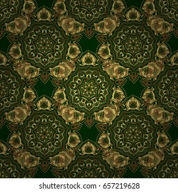 Announcement card in a simple design. Classical invite sample seamless pattern with lace damask pattern. Laconic wedding card decorated with vector golden ornament on a green background.