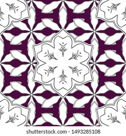 Announcement card in a simple design. Laconic wedding card decorated with vector white, black and purple ornament. Classical invite sample seamless pattern with lace damask pattern.