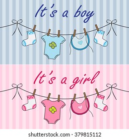 Announcement cards with baby cloths for boy and girl