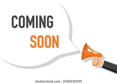 Announcement coming soon, with megaphone in hand and speech bubble. Flat vector illustration.