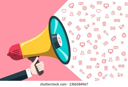 Announcement Concept with Icons and Megaphone. Vector Web Communication Design.