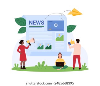 Announcement of daily blog news, update social media information, online notification report and newsletter. Tiny people with megaphone announce article with video cartoon vector illustration