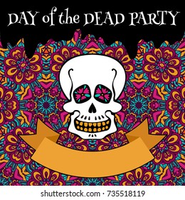 Announcement with Day of the Dead Sugar Skulls. Dia de los muertos invitation poster. scull on floral background with place for text.