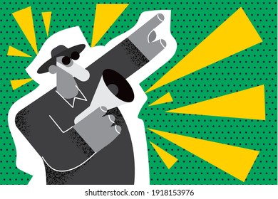 Announcement, discount, promotion concept. Man in sunglasses and mask pointing with finger and shouting at megaphone for attracting attention on public illustration