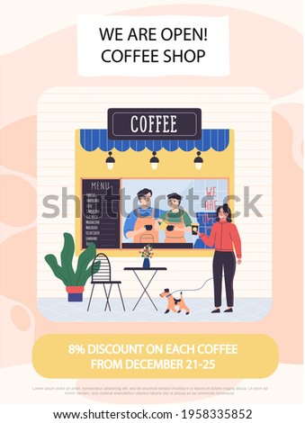 Announcement of discounts in cafeteria with drinks. Opening of new coffee shop concept poster