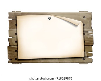 Announcement, empty paper blank on old wooden board. 10eps vector illustration isolated on white background
