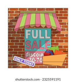 Announcement of a full sale in the store. Announcement of discounts under a striped canopy against a brick wall. In the foreground is a shopping cart. Vector illustration