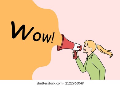 Announcement Getting attention and promotion concept. Young businesswoman standing and shouting at megaphone speaker with wow lettering sign vector illustration 