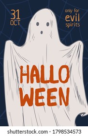 Announcement of Halloween event with ghost and place for text vector illustration. All saints day poster with web and design element. Hand drawn advertising template of 31 october event