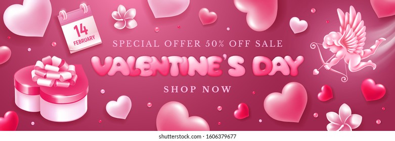 Announcement for Holiday Sale 14 February at Valentines day. Advertising banner or poster template. Realistic figure of cupid, gift box in hearts shape, calendar and flowers. Vector illustration.