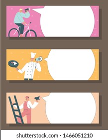 Announcement horizontal banner template set, vector flat style design illustration. People of various professions with megaphones and speech bubbles for text.