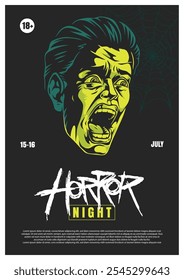 An announcement for a Horror Night event taking place on the 15th and 16th of July. The design features a striking green and black color scheme with a terrified face illustration.