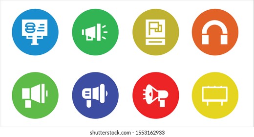 announcement icon set. 8 filled announcement icons.  Collection Of - Billboard, Megaphone, Propaganda, Audio icons