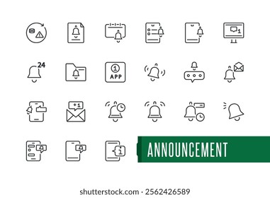 Announcement icon set. Contains such icons as alert, signal, phone, tone, door, reminder, alarm, app. Outline symbol collection. Editable minimal vector icon and illustration.