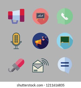 announcement icon set. vector set about microphone, megaphone, blackboard and speech bubble icons set.