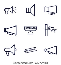 Announcement icons set. set of 9 announcement outline icons such as megaphone