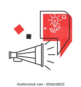 Announcement of ideas. Megaphone with speech bubble. Flat style illustration. Isolated on white background. 