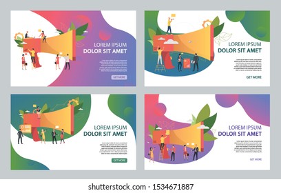 Announcement illustration set. Office employees working on megaphone, text sample, promotion. Business concept. Vector illustration for landing pages, presentation slide templates
