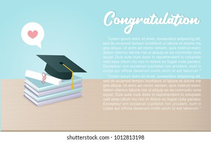  Announcement or invitation to Graduation ceremony with graduation cap on a stack book and a certificate, invitation card design vector illustration.