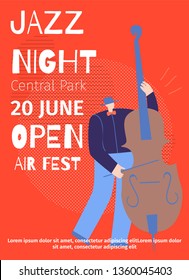 Announcement Jazz Night Open Air Fest in Central Park Vector Flat Designed Poster Advertising Disco Party Live Sound Great Event Cartoon Illustration Man Playing Contrabass Classic Music Festival