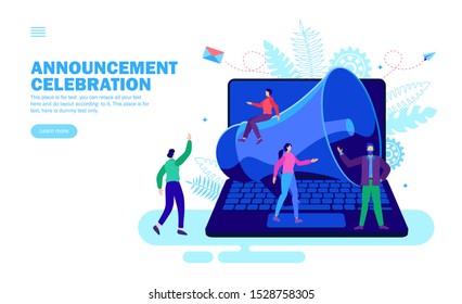 announcement with loudspeaker and happy team on computer vector illustration