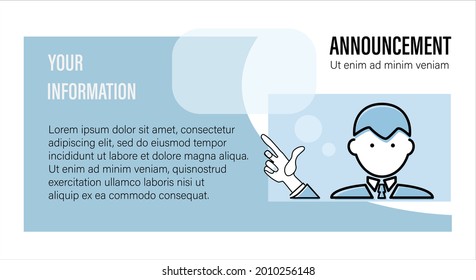 ANNOUNCEMENT. Man informs. New message, quote. Design for business project, poster, flyer, educational information with place for text. Vector illustration.