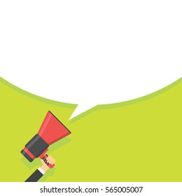 Announcement Megaphone Concept. Hand Holding Speaker In Green Background. Vector Illustration