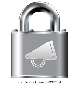 Announcement or megaphone icon on secure vector lock button.  Suitable for use on websites, in print, and on brochures.